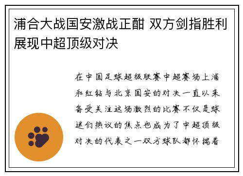 浦合大战国安激战正酣 双方剑指胜利展现中超顶级对决